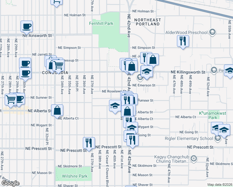 map of restaurants, bars, coffee shops, grocery stores, and more near 4017 Northeast Roselawn Street in Portland