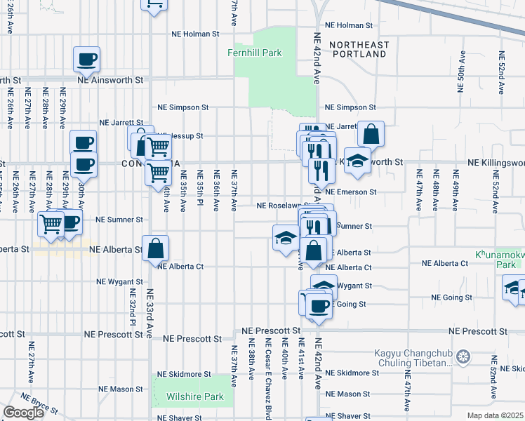map of restaurants, bars, coffee shops, grocery stores, and more near 3825 Northeast Roselawn Street in Portland