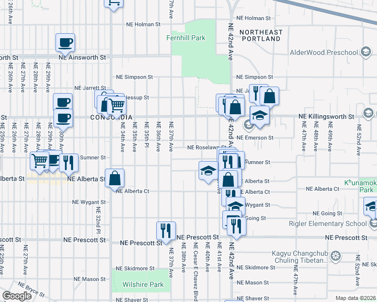 map of restaurants, bars, coffee shops, grocery stores, and more near 3825 Northeast Roselawn Street in Portland