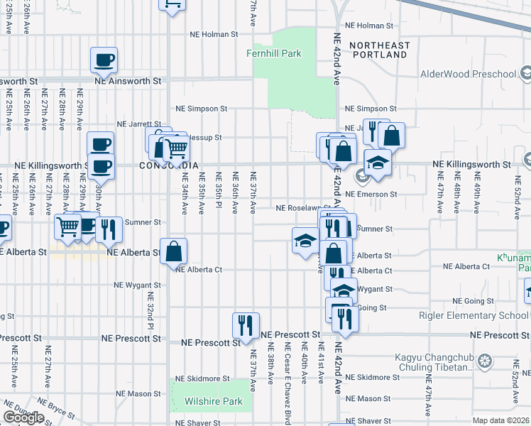 map of restaurants, bars, coffee shops, grocery stores, and more near 3715 Northeast Roselawn Street in Portland