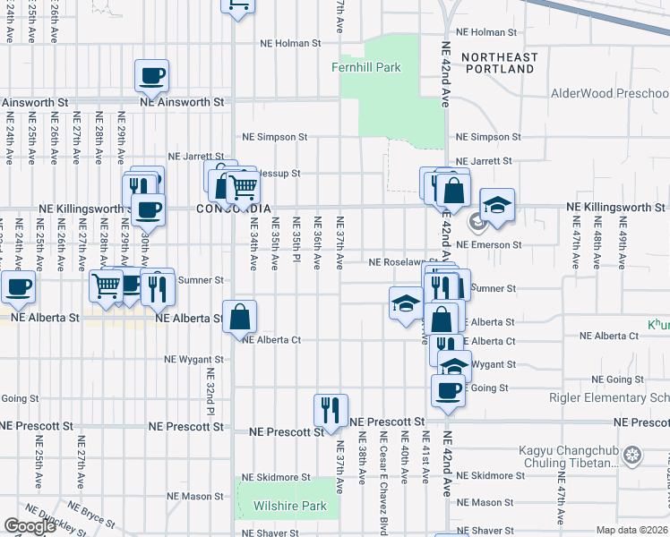 map of restaurants, bars, coffee shops, grocery stores, and more near 5230 Northeast 36th Avenue in Portland