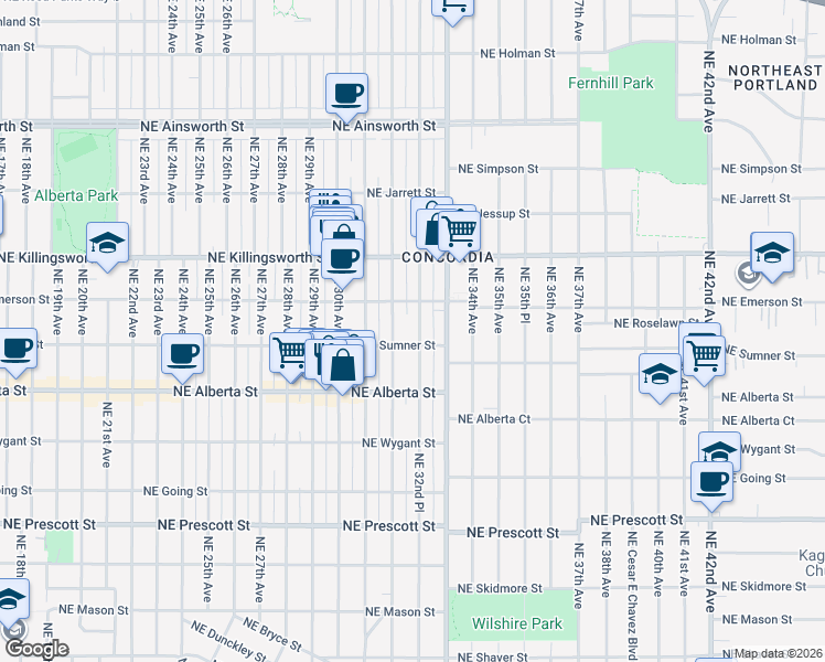 map of restaurants, bars, coffee shops, grocery stores, and more near 5246 Northeast 32nd Avenue in Portland