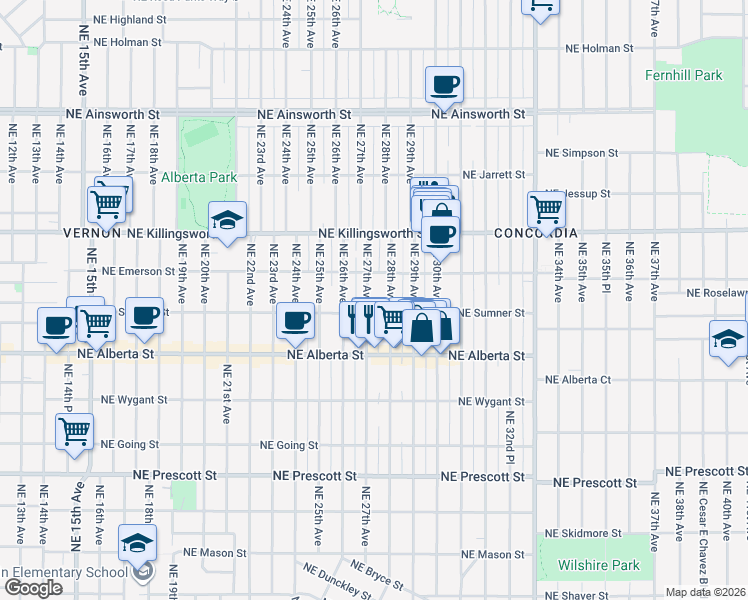 map of restaurants, bars, coffee shops, grocery stores, and more near 5245 Northeast 28th Avenue in Portland