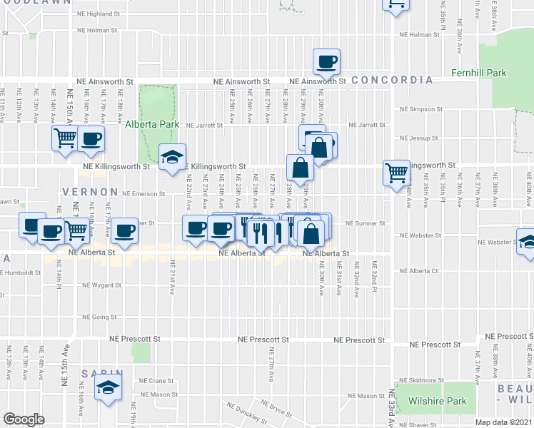 map of restaurants, bars, coffee shops, grocery stores, and more near 5254 Northeast 26th Avenue in Portland