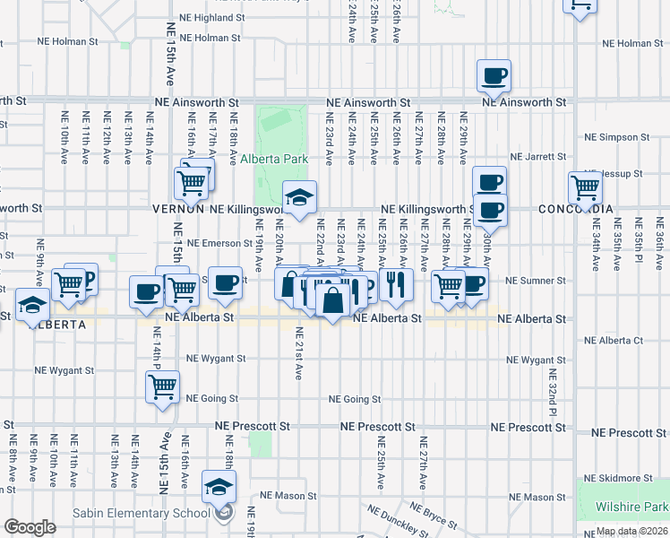 map of restaurants, bars, coffee shops, grocery stores, and more near 5246 Northeast 23rd Avenue in Portland