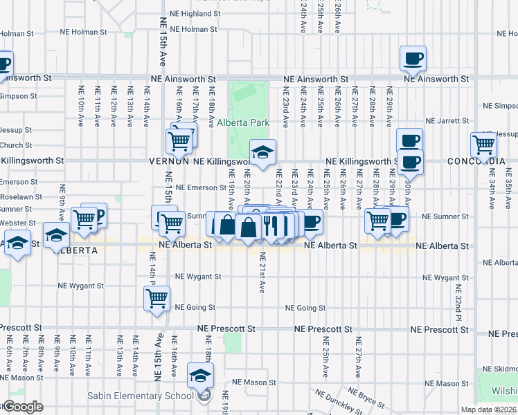 map of restaurants, bars, coffee shops, grocery stores, and more near 5244 Northeast 20th Avenue in Portland