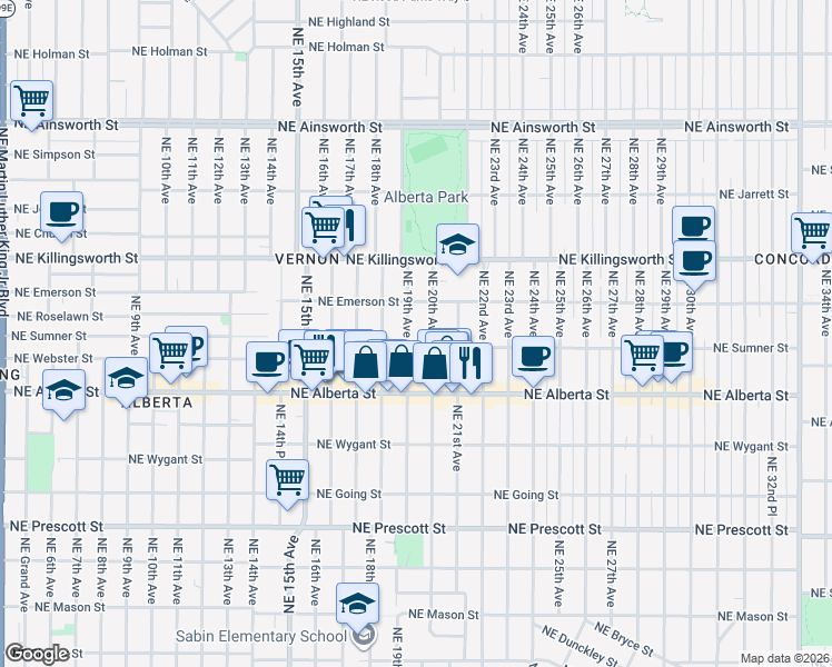 map of restaurants, bars, coffee shops, grocery stores, and more near 5245 Northeast 19th Avenue in Portland