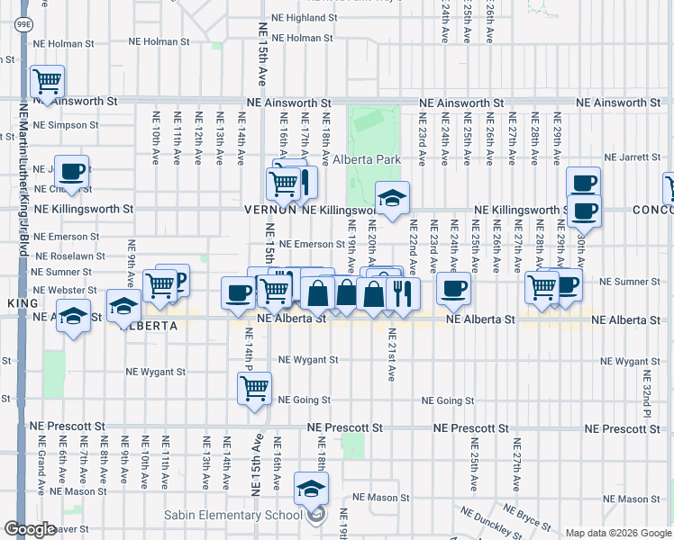 map of restaurants, bars, coffee shops, grocery stores, and more near 5245 Northeast 19th Avenue in Portland