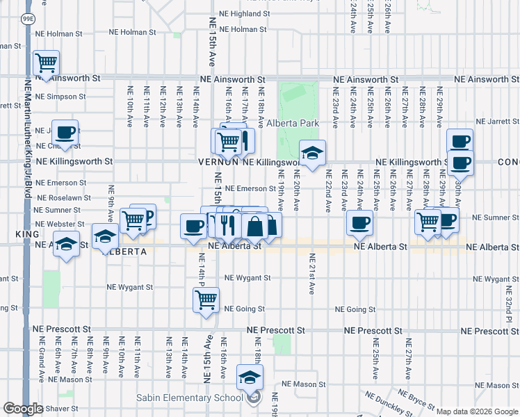 map of restaurants, bars, coffee shops, grocery stores, and more near 5246 Northeast 17th Avenue in Portland