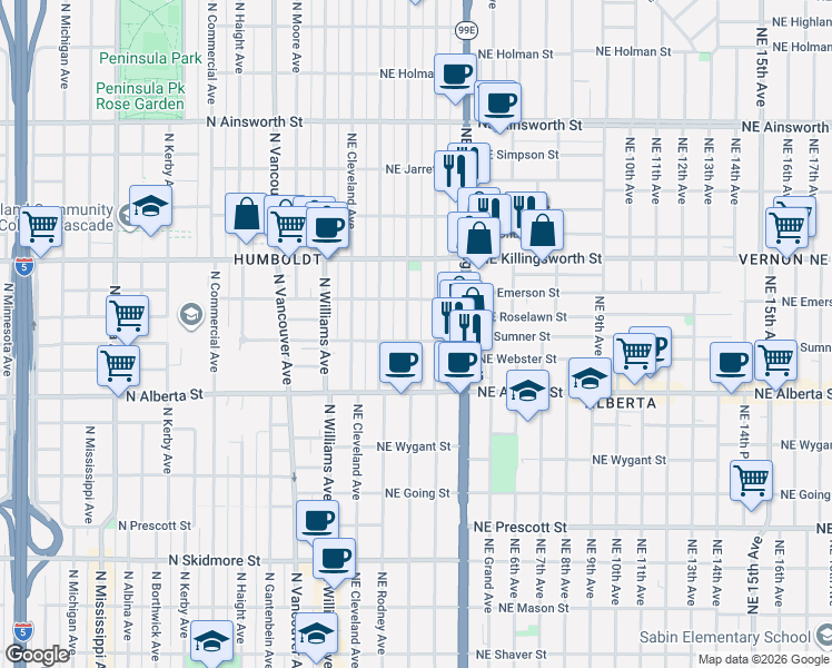 map of restaurants, bars, coffee shops, grocery stores, and more near 5225 Northeast Mallory Avenue in Portland