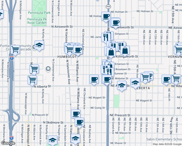 map of restaurants, bars, coffee shops, grocery stores, and more near 5225 Northeast Mallory Avenue in Portland