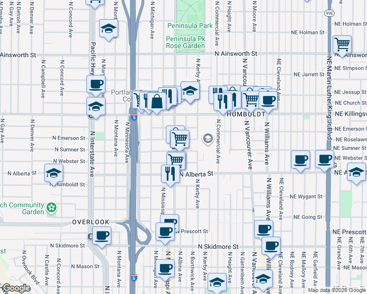 map of restaurants, bars, coffee shops, grocery stores, and more near 716 North Emerson Street in Portland