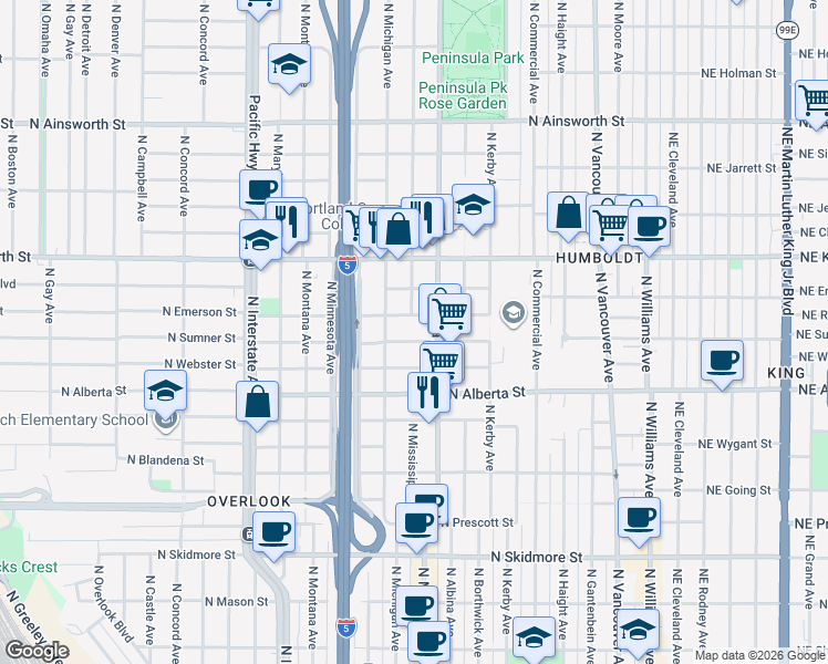 map of restaurants, bars, coffee shops, grocery stores, and more near 844 North Emerson Street in Portland