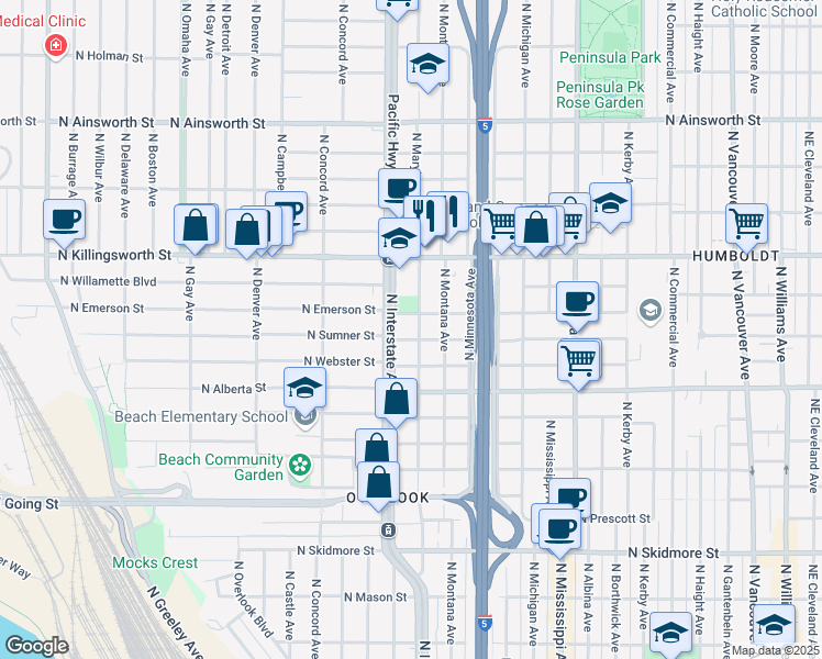 map of restaurants, bars, coffee shops, grocery stores, and more near in Portland