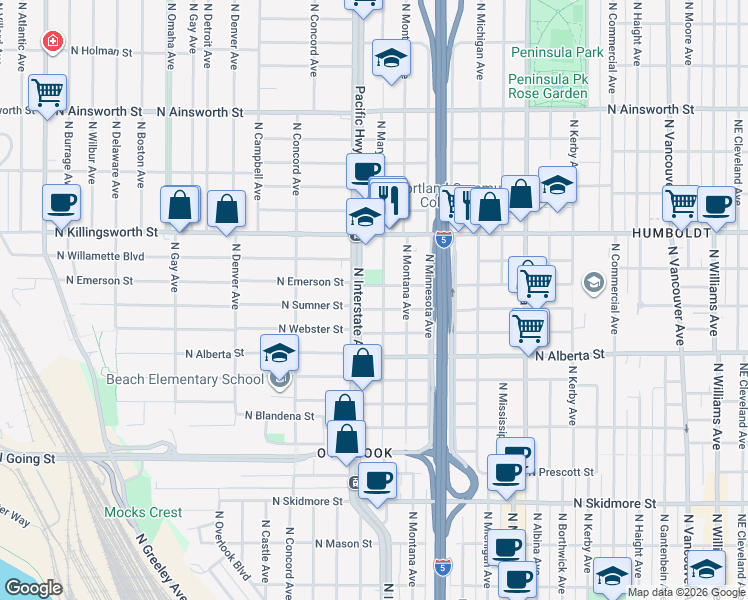 map of restaurants, bars, coffee shops, grocery stores, and more near in Portland