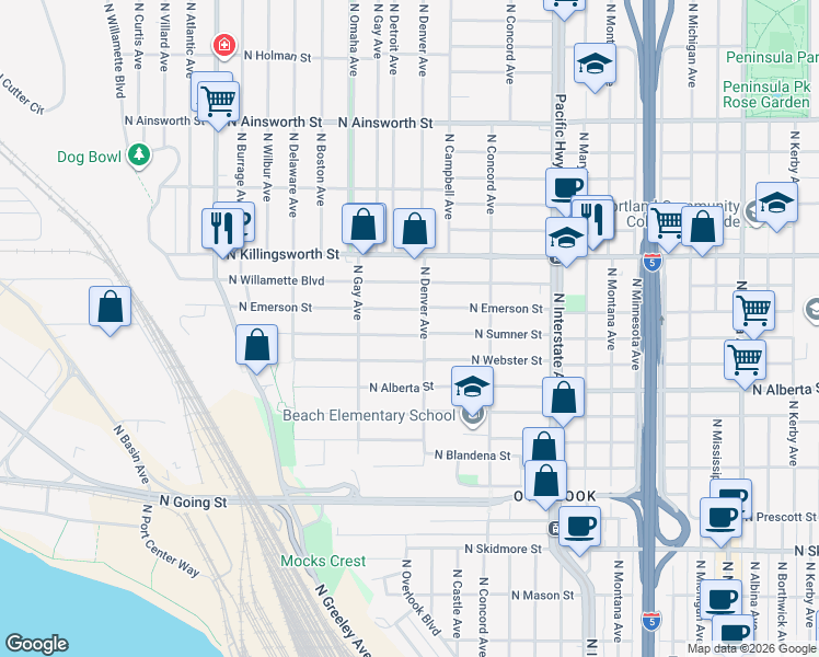 map of restaurants, bars, coffee shops, grocery stores, and more near 2024 North Emerson Court in Portland