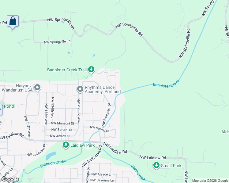 map of restaurants, bars, coffee shops, grocery stores, and more near 12633 Northwest Larry Court in Portland