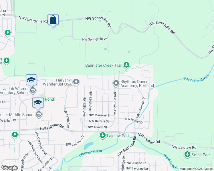 map of restaurants, bars, coffee shops, grocery stores, and more near 5747 Northwest 131st Avenue in Portland