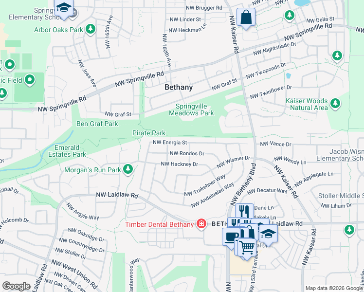 map of restaurants, bars, coffee shops, grocery stores, and more near 15685 Northwest Energia Street in Portland