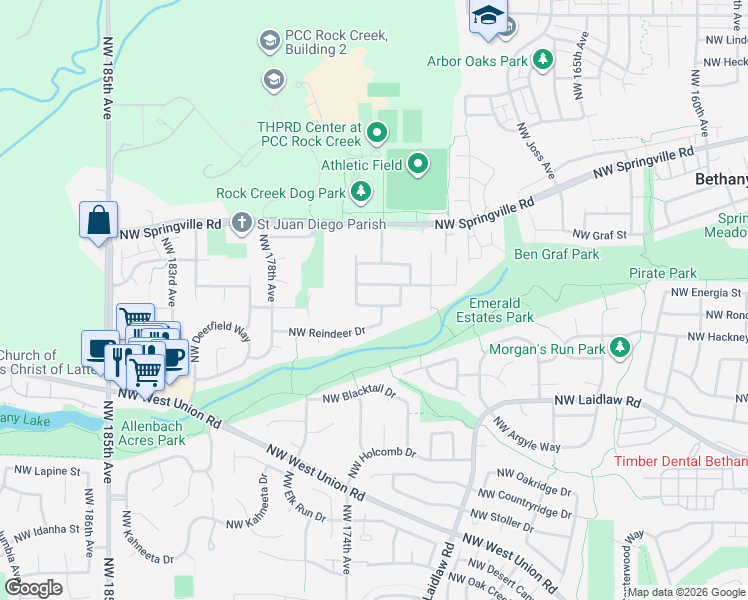 map of restaurants, bars, coffee shops, grocery stores, and more near 17310 Northwest Crosshaven Street in Portland