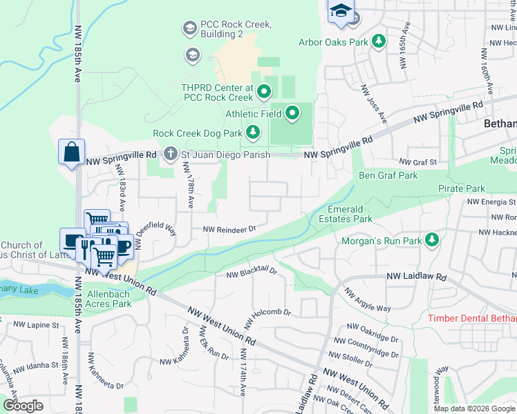 map of restaurants, bars, coffee shops, grocery stores, and more near 17310 Northwest Crosshaven Street in Portland