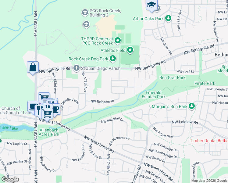 map of restaurants, bars, coffee shops, grocery stores, and more near 17310 Northwest Crosshaven Street in Portland