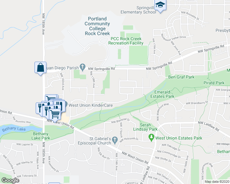 map of restaurants, bars, coffee shops, grocery stores, and more near 5769 Northwest 174th Avenue in Portland