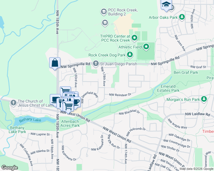 map of restaurants, bars, coffee shops, grocery stores, and more near 5730 Northwest 178th Avenue in Portland