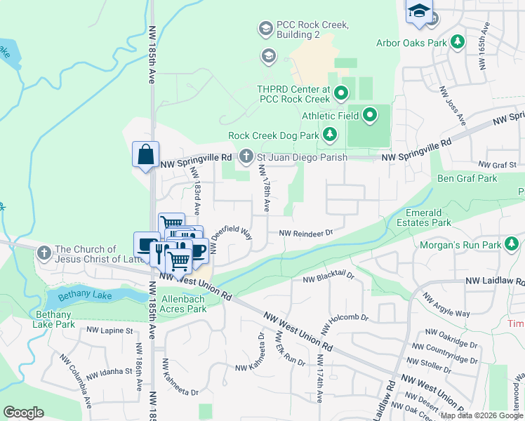 map of restaurants, bars, coffee shops, grocery stores, and more near 5730 Northwest 178th Avenue in Portland