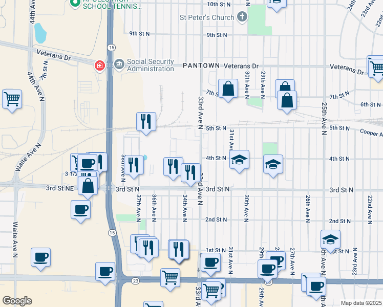 map of restaurants, bars, coffee shops, grocery stores, and more near 405 33rd Avenue North in St. Cloud
