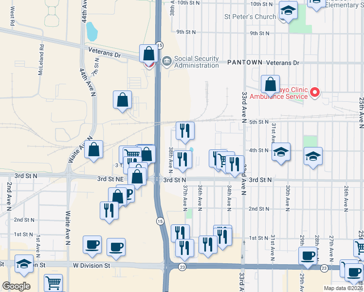 map of restaurants, bars, coffee shops, grocery stores, and more near 408 37th Avenue North in St. Cloud