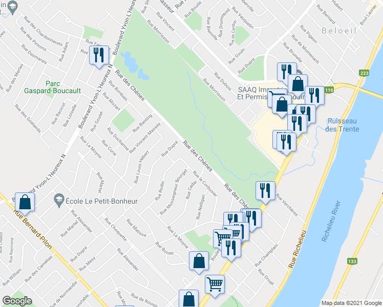map of restaurants, bars, coffee shops, grocery stores, and more near 530 Rue des Chênes in Beloeil