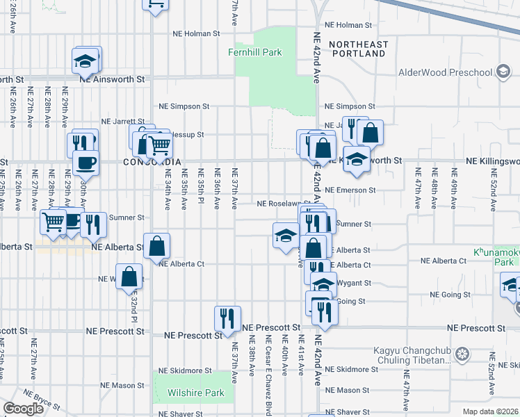 map of restaurants, bars, coffee shops, grocery stores, and more near 3820 Northeast Roselawn Street in Portland