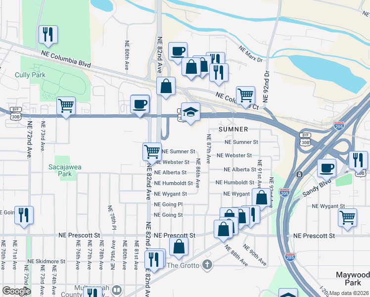 map of restaurants, bars, coffee shops, grocery stores, and more near 8503 Northeast Sumner Street in Portland