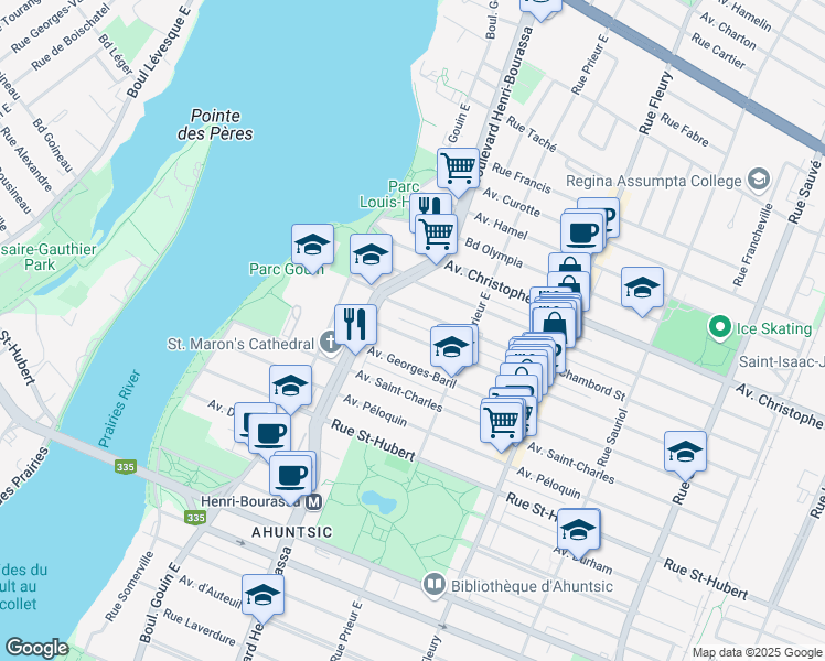 map of restaurants, bars, coffee shops, grocery stores, and more near 10621 Rue de la Roche in Montréal