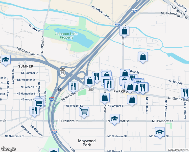 map of restaurants, bars, coffee shops, grocery stores, and more near 9945 Northeast Sandy Boulevard in Portland