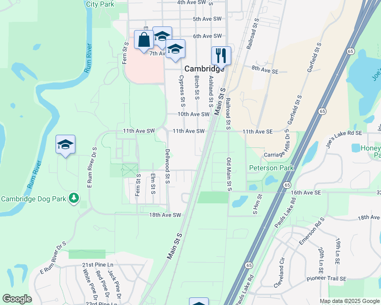 map of restaurants, bars, coffee shops, grocery stores, and more near 1185 Main Street South in Cambridge