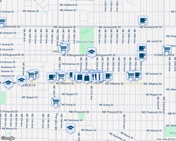 map of restaurants, bars, coffee shops, grocery stores, and more near 5244 Northeast 20th Avenue in Portland