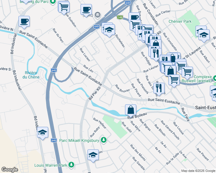 map of restaurants, bars, coffee shops, grocery stores, and more near 431 Rue Saint-Eustache in Saint-Eustache