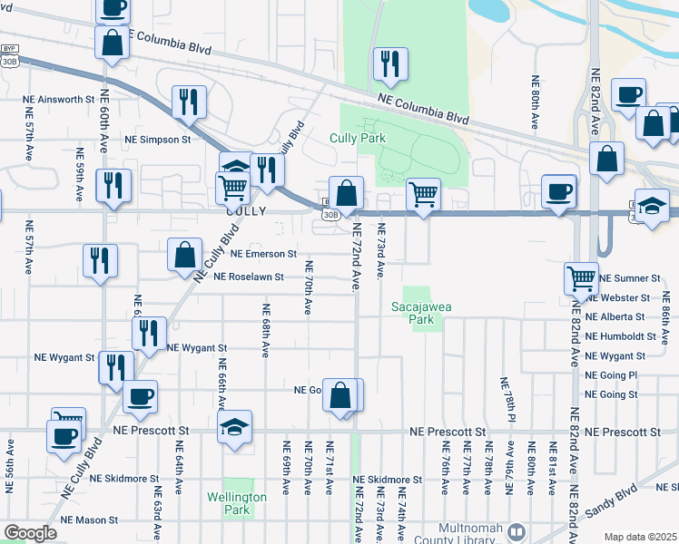 map of restaurants, bars, coffee shops, grocery stores, and more near 5249 Northeast 72nd Avenue in Portland
