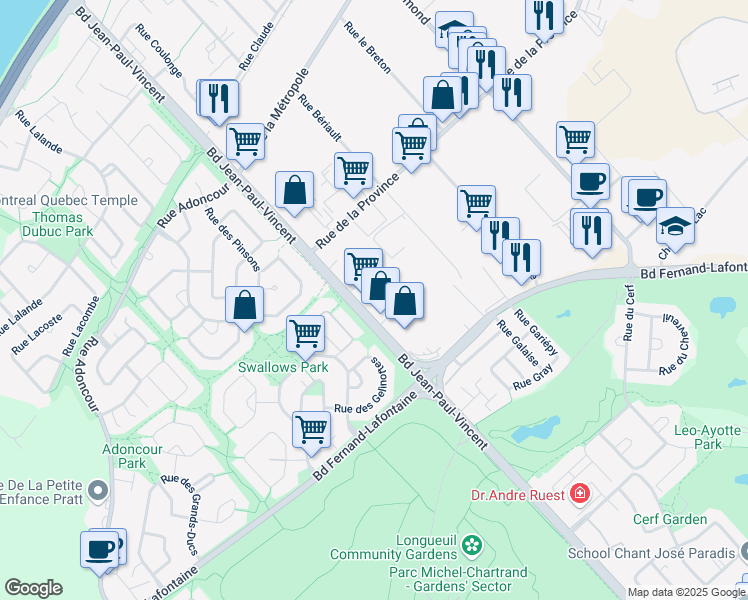map of restaurants, bars, coffee shops, grocery stores, and more near 855 Boulevard Jean-Paul-Vincent in Longueuil