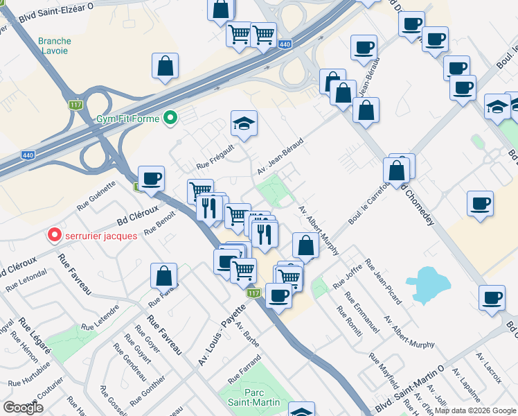 map of restaurants, bars, coffee shops, grocery stores, and more near 3828 Rue Victor-Doré in Laval