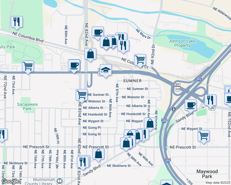 map of restaurants, bars, coffee shops, grocery stores, and more near 5131 Northeast 87th Avenue in Portland