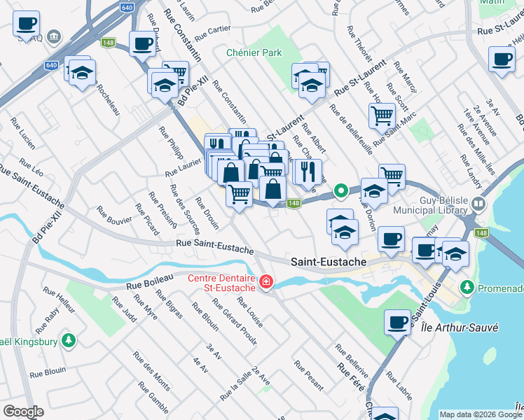 map of restaurants, bars, coffee shops, grocery stores, and more near 328 Boulevard Arthur-Sauvé in Saint-Eustache