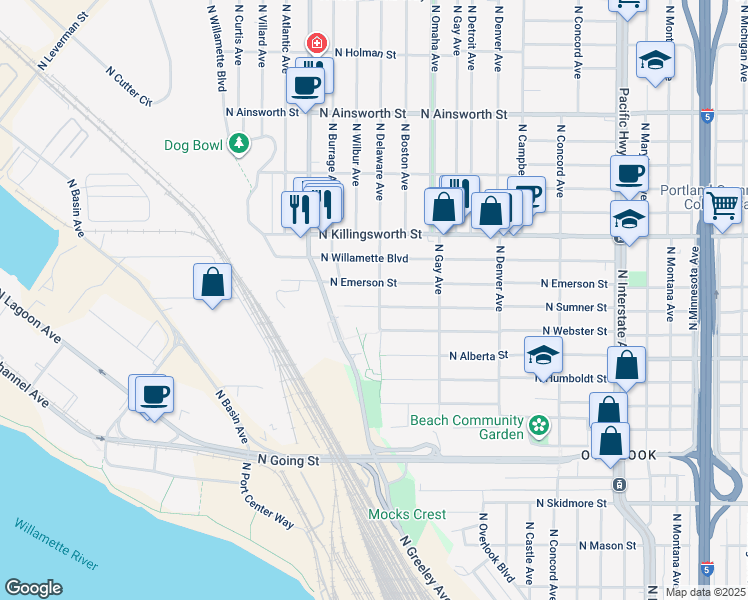 map of restaurants, bars, coffee shops, grocery stores, and more near 5215 North Delaware Avenue in Portland