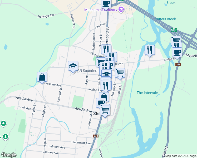 map of restaurants, bars, coffee shops, grocery stores, and more near 112 Rundle Street in Stellarton
