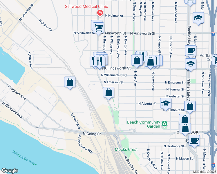 map of restaurants, bars, coffee shops, grocery stores, and more near 2621 North Sumner Street in Portland
