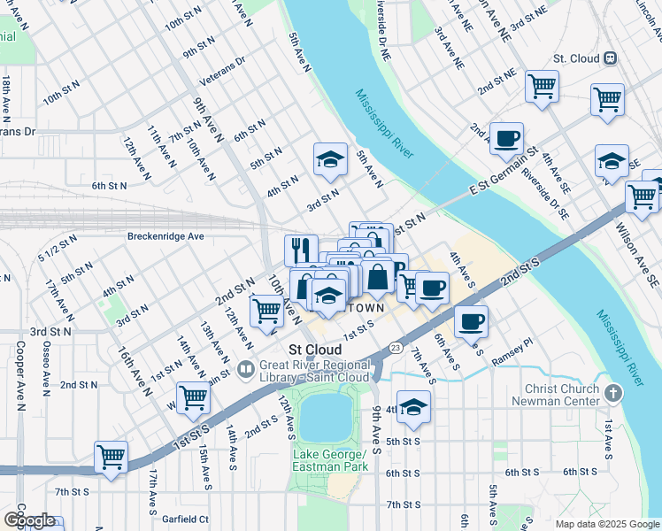 map of restaurants, bars, coffee shops, grocery stores, and more near in St. Cloud