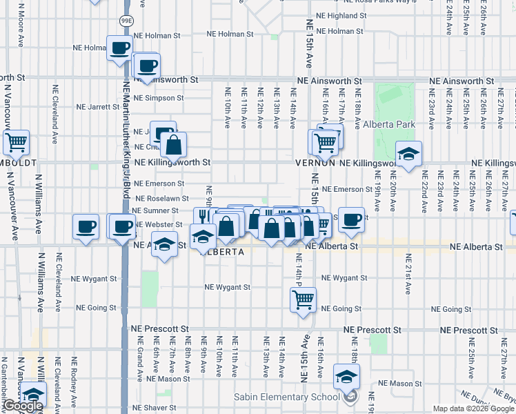 map of restaurants, bars, coffee shops, grocery stores, and more near 1204 Northeast Roselawn Street in Portland