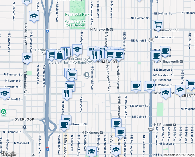 map of restaurants, bars, coffee shops, grocery stores, and more near 5236 North Haight Avenue in Portland